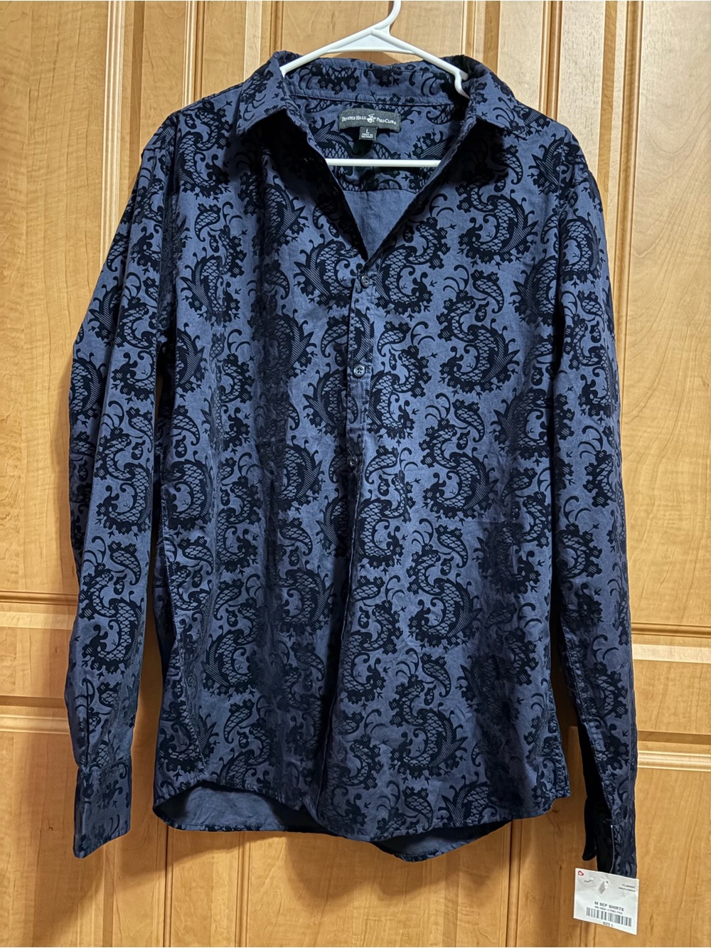 Beverly Hills Polo Club Stretch Paisley Button-Up Shirt - Navy/Black Size Large